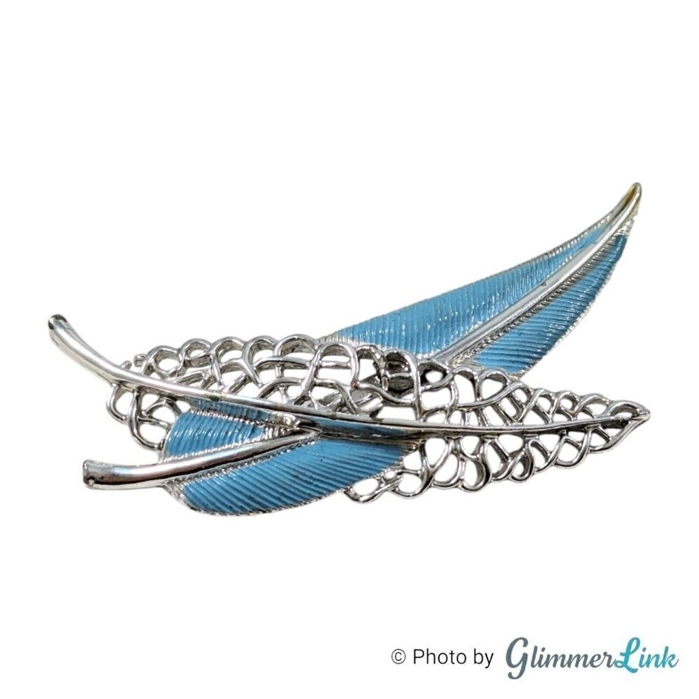 Vintage Light Blue Enamel Feather & Filigree Leaf Silver Tone Brooch